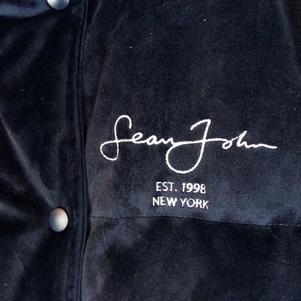 Sean John X Missguided Puffer Jacket Womens 2 US Navy Blue Velour Oversized Y2K - Picture 9 of 16